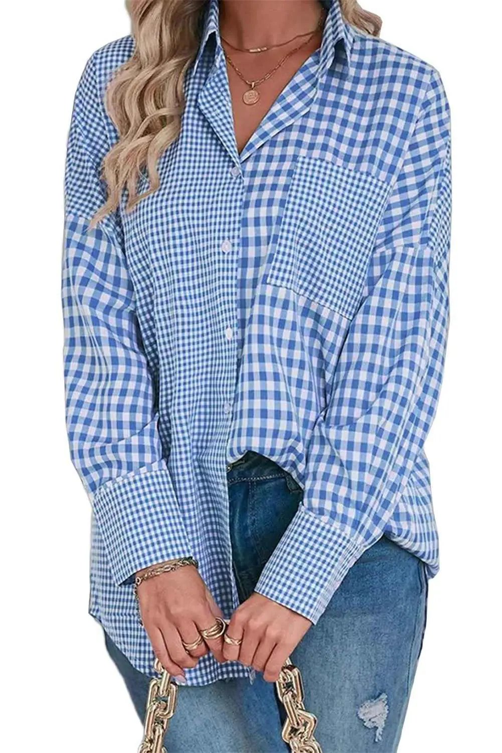 Women's Button-Up Shirt - Sky Blue Plaid - Southern Belle Style