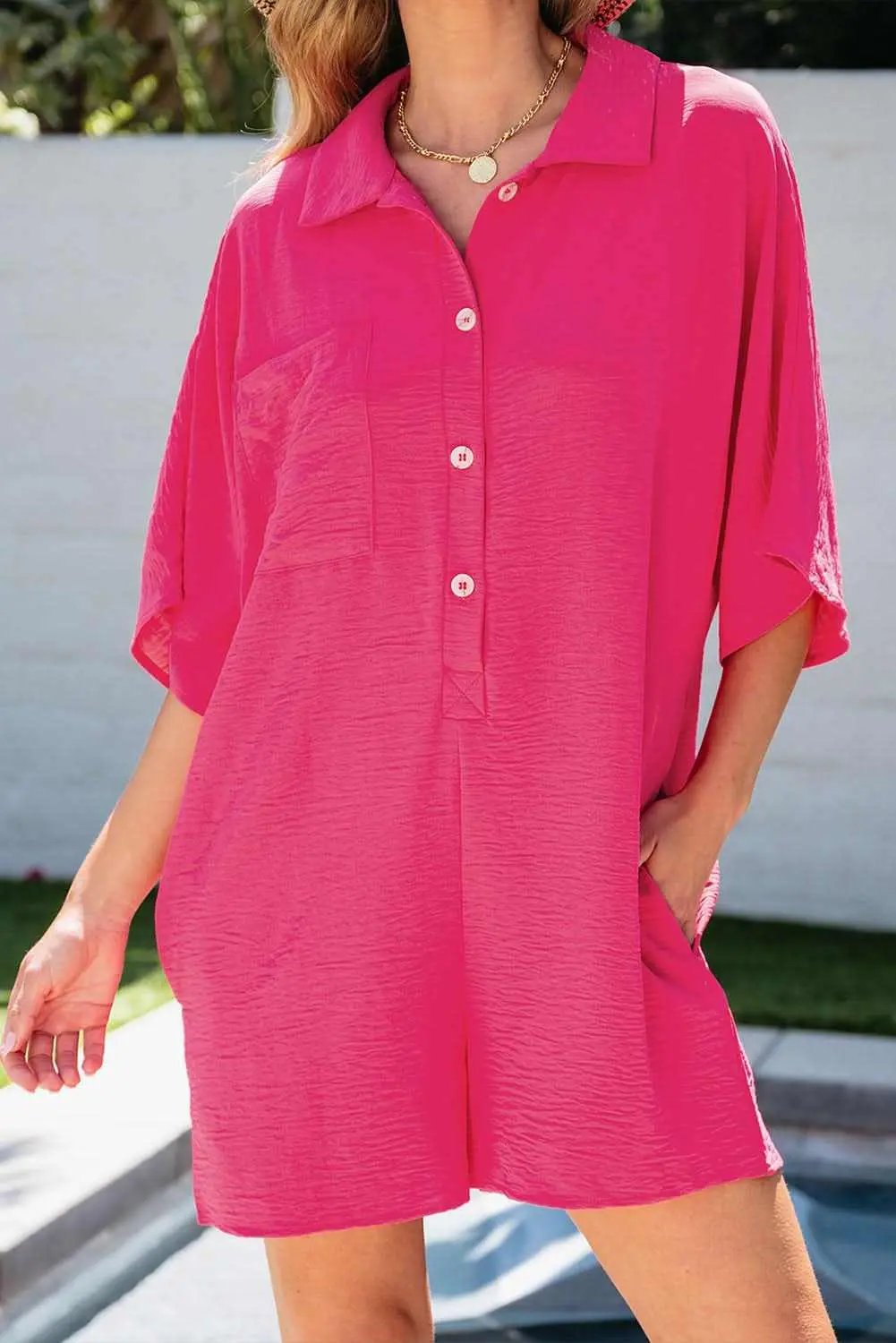 Shoes Love Salve Bright Pink Half Button Collared Loose Romper