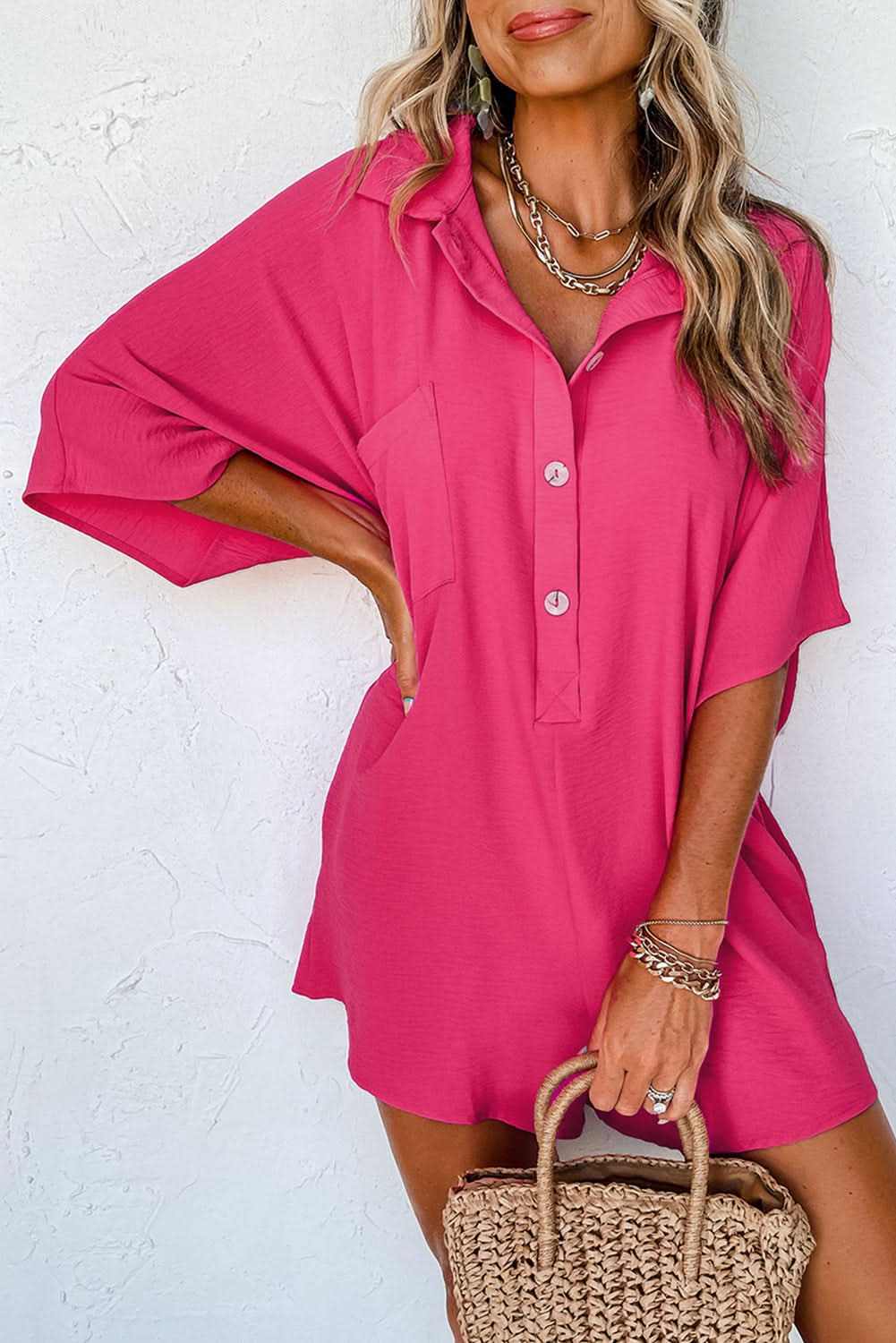 Shoes Love Salve Bright Pink Half Button Collared Loose Romper