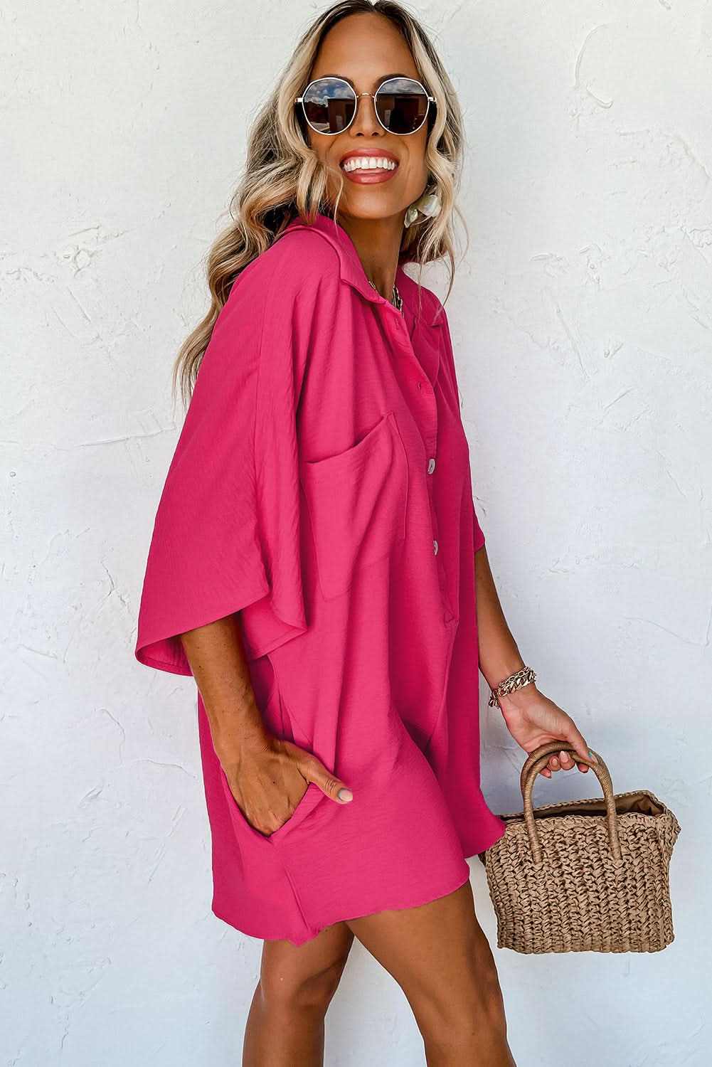 Shoes Love Salve Bright Pink Half Button Collared Loose Romper