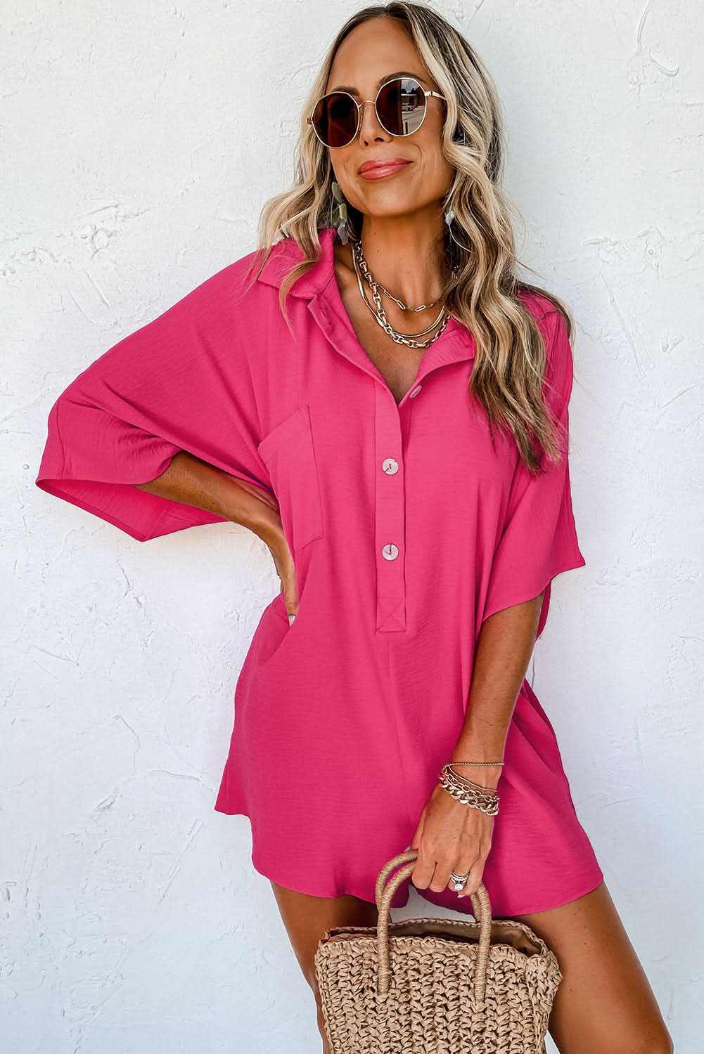 Shoes Love Salve Bright Pink Half Button Collared Loose Romper