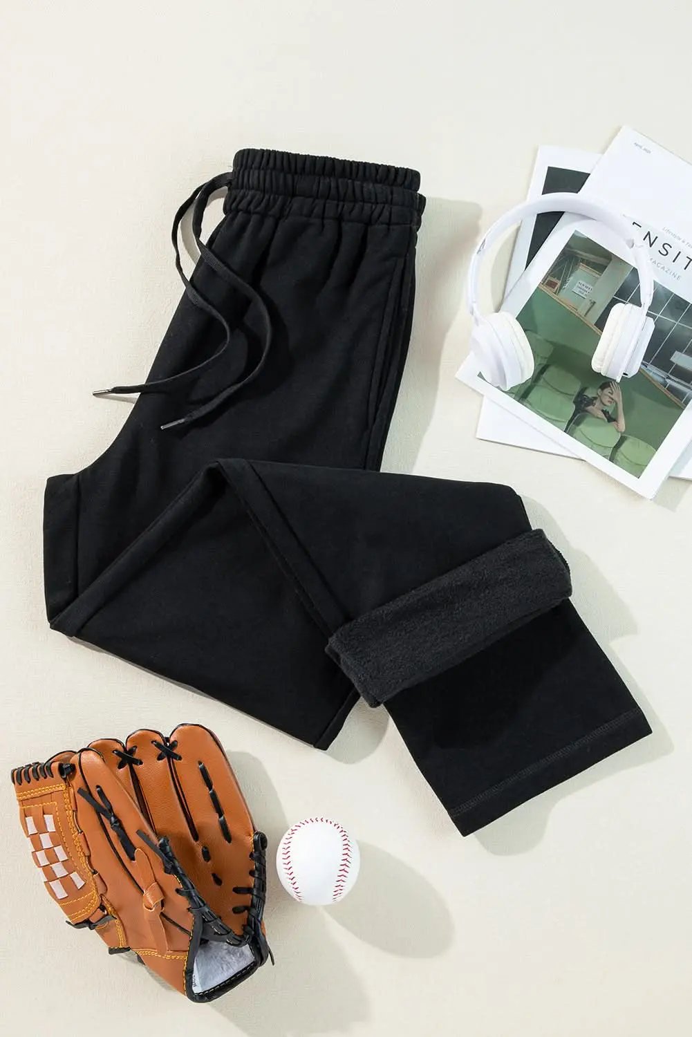 Love Salve Black Fleece Pants Women's Daily Wear Casual Trousers Comfy & Warm