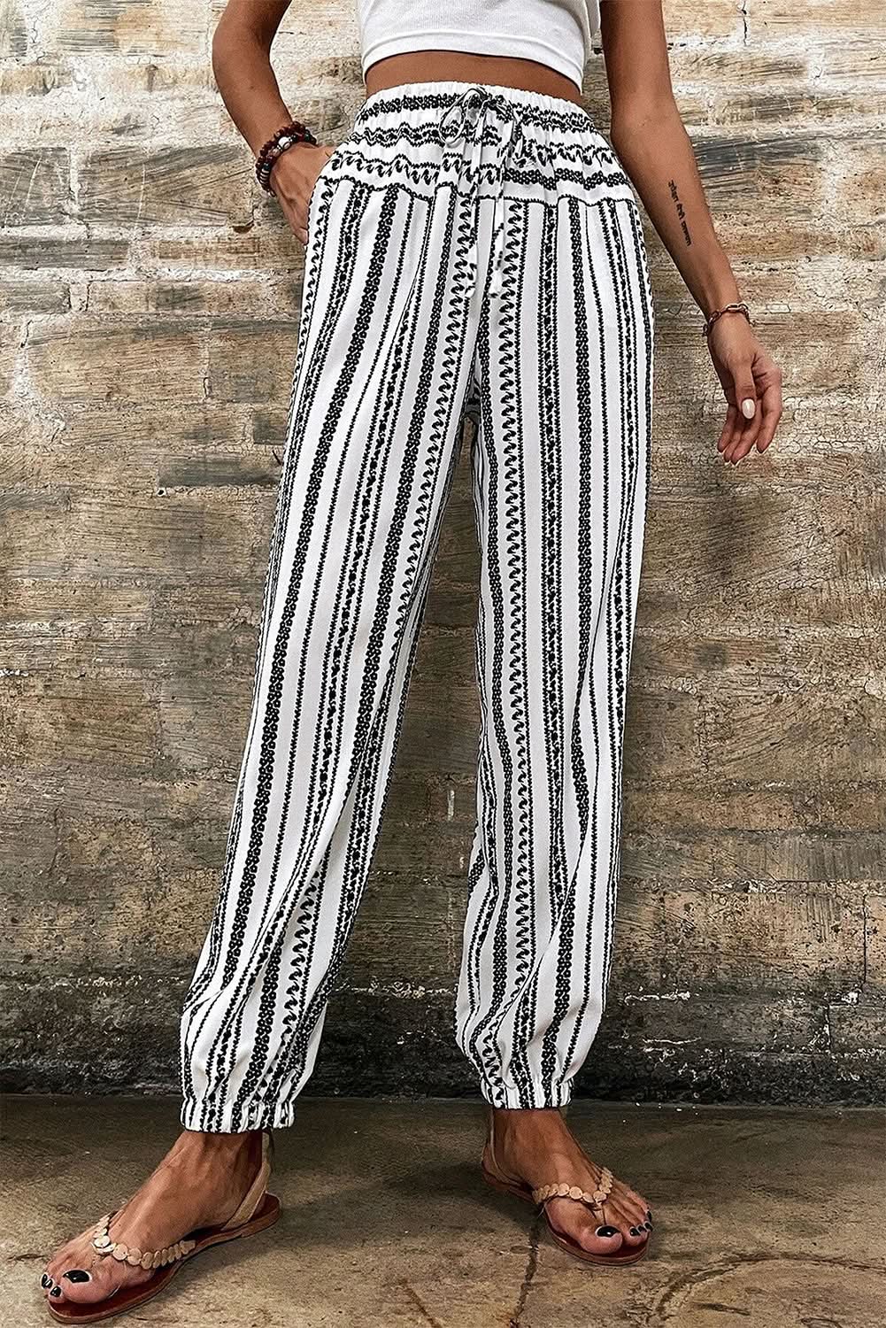 Love Salve Black Striped Boho Pants Women's Vacation Wide Leg Spring Trousers
