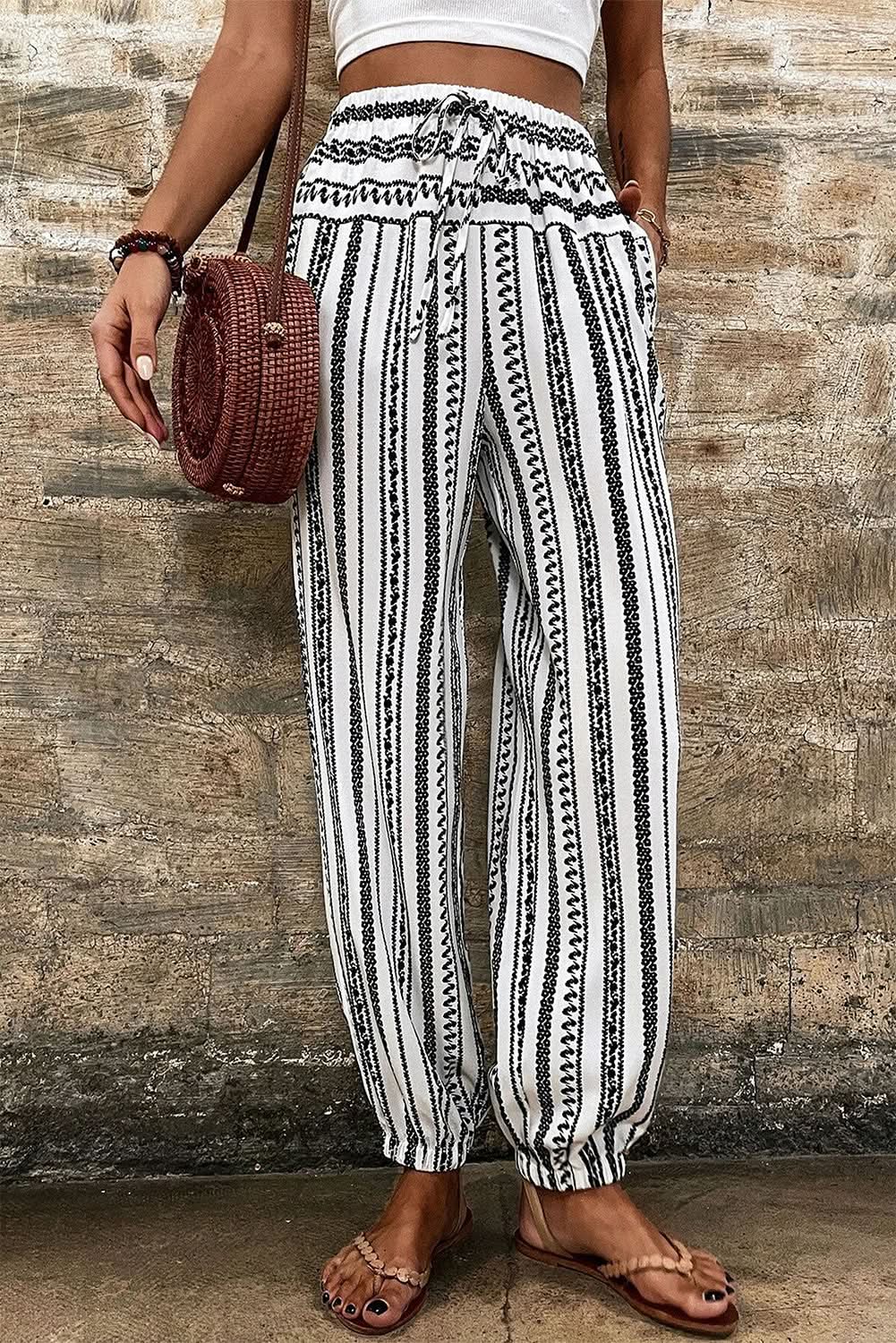 Love Salve Black Striped Boho Pants Women's Vacation Wide Leg Spring Trousers