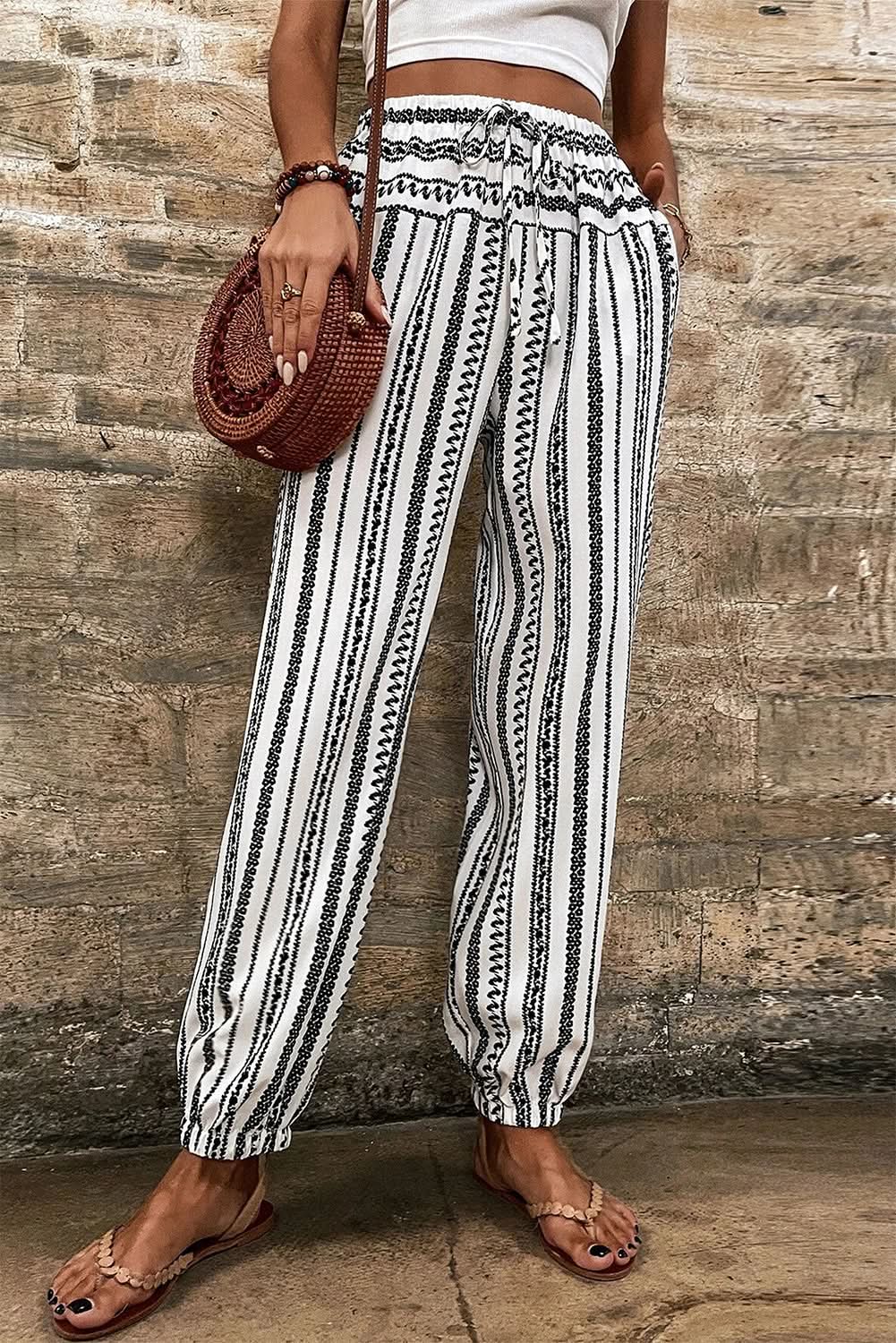 Love Salve Black Striped Boho Pants Women's Vacation Wide Leg Spring Trousers