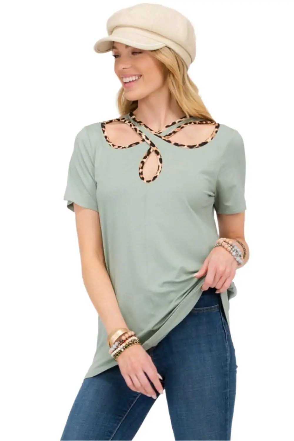 T-Shirts Love Salve Leopard Trim Tee Women's Everyday Crisscross Cutout T-Shirt Soft & Stylish