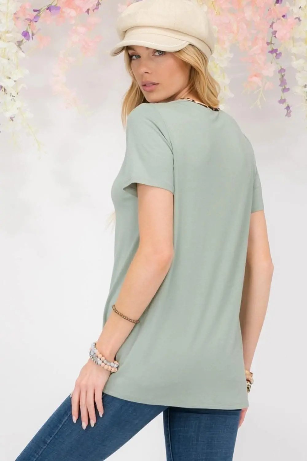 T-Shirts Love Salve Leopard Trim Tee Women's Everyday Crisscross Cutout T-Shirt Soft & Stylish