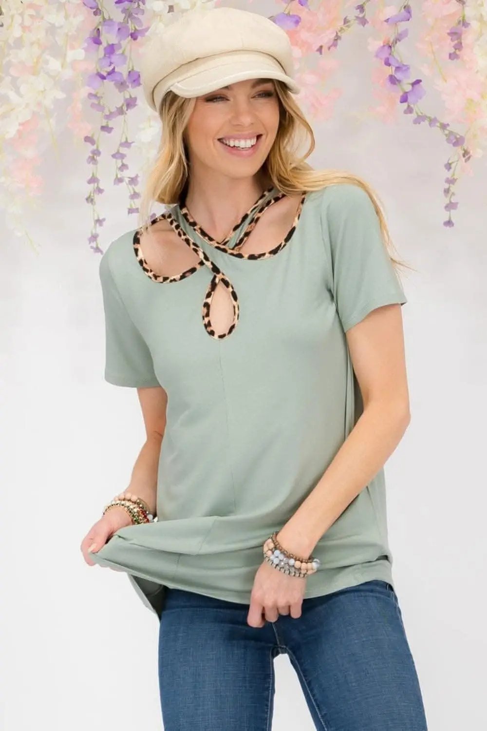 T-Shirts Love Salve Leopard Trim Tee Women's Everyday Crisscross Cutout T-Shirt Soft & Stylish