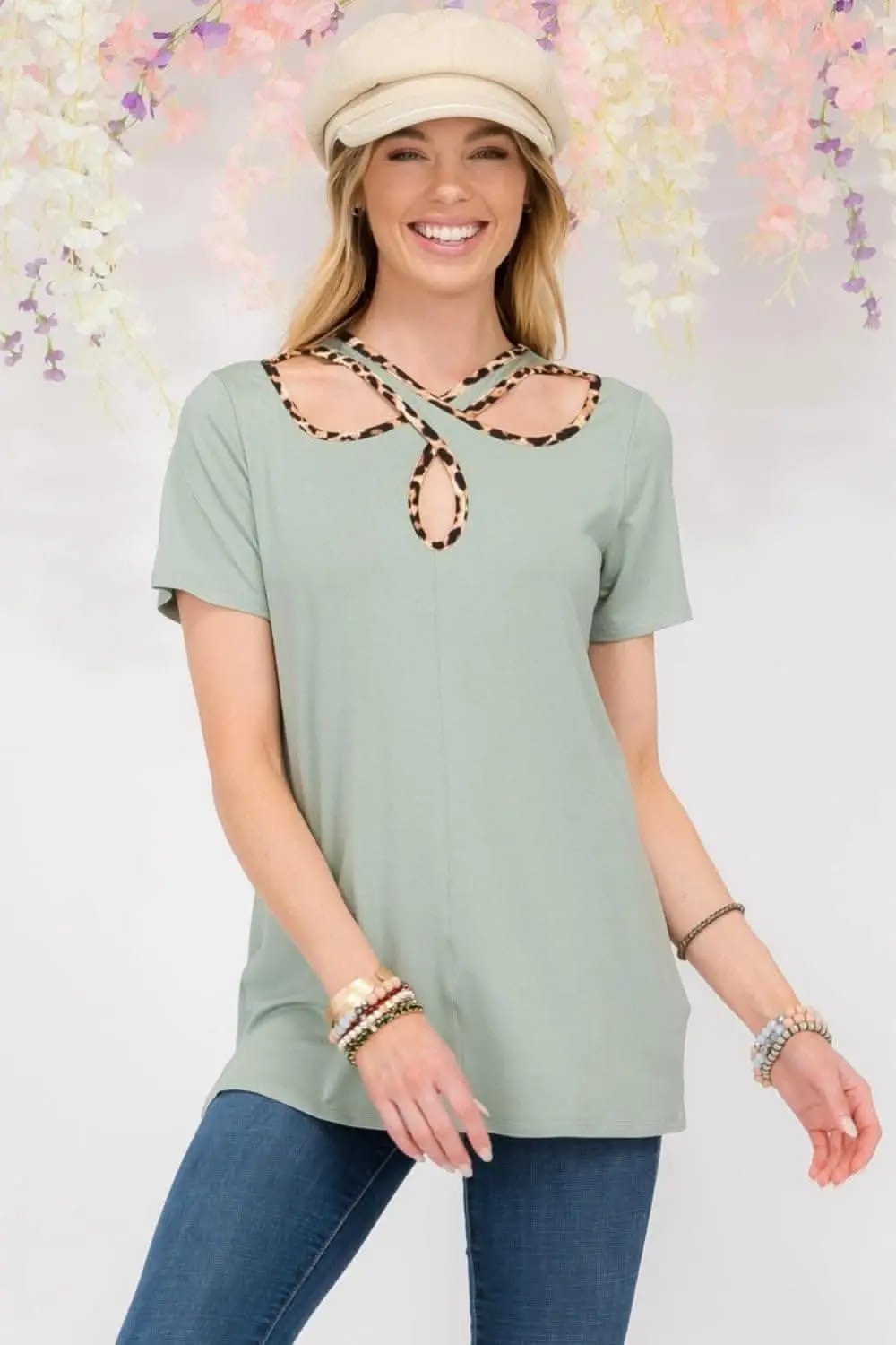 T-Shirts Love Salve Leopard Trim Tee Women's Everyday Crisscross Cutout T-Shirt Soft & Stylish