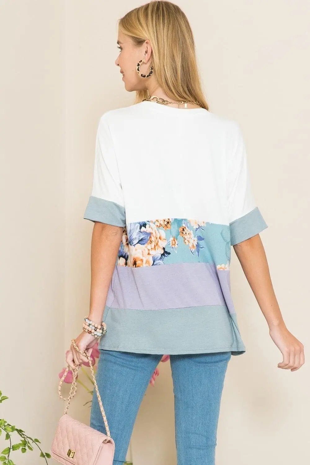 T-Shirts Love Salve Ivory Lilac Tee Women's Everyday Top Soft, Color Block