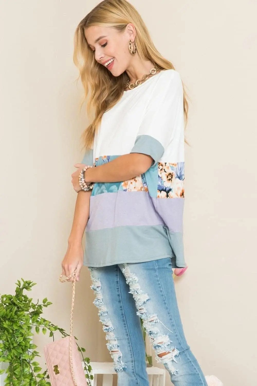 T-Shirts Love Salve Ivory Lilac Tee Women's Everyday Top Soft, Color Block