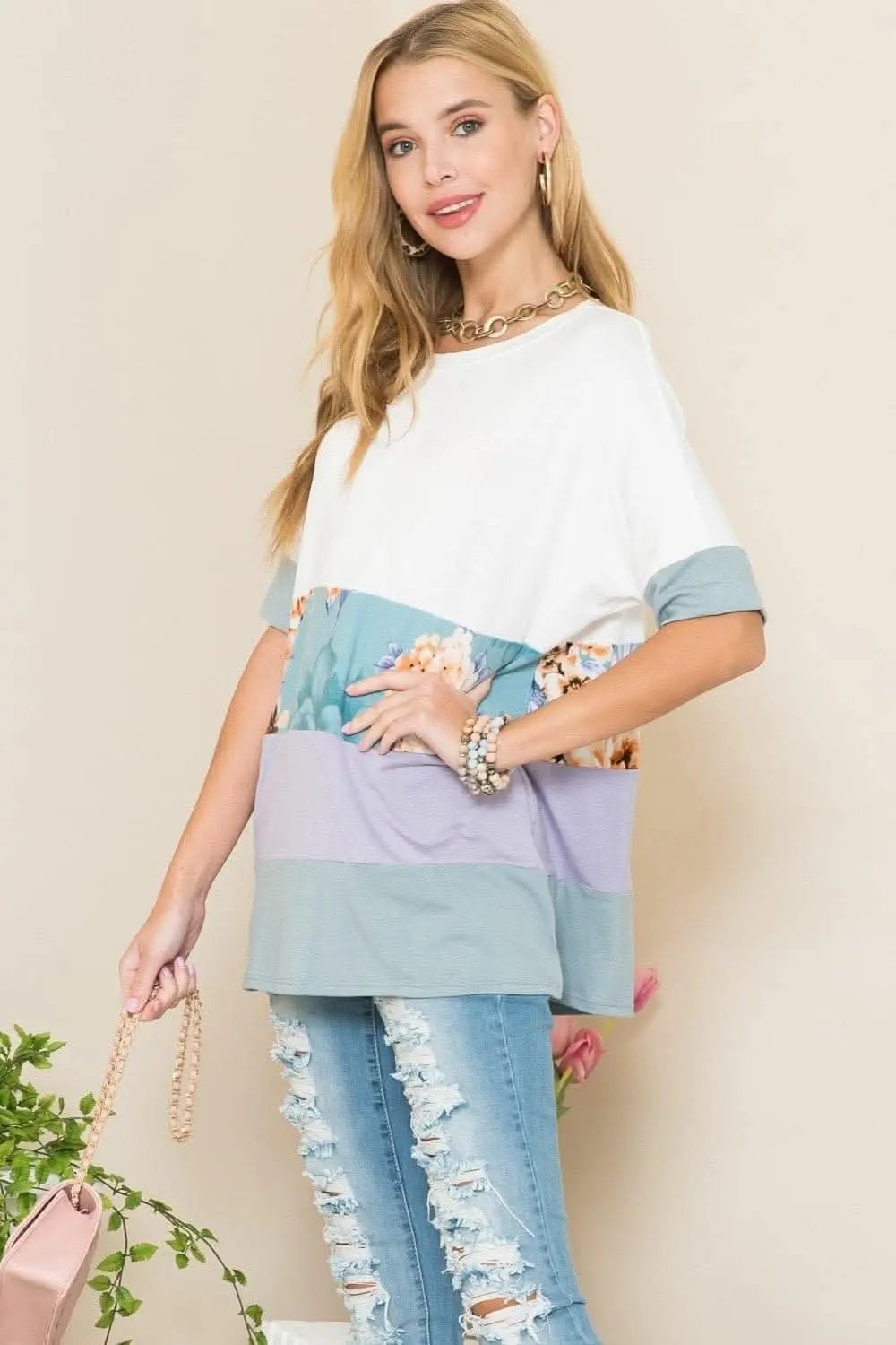T-Shirts Love Salve Ivory Lilac Tee Women's Everyday Top Soft, Color Block