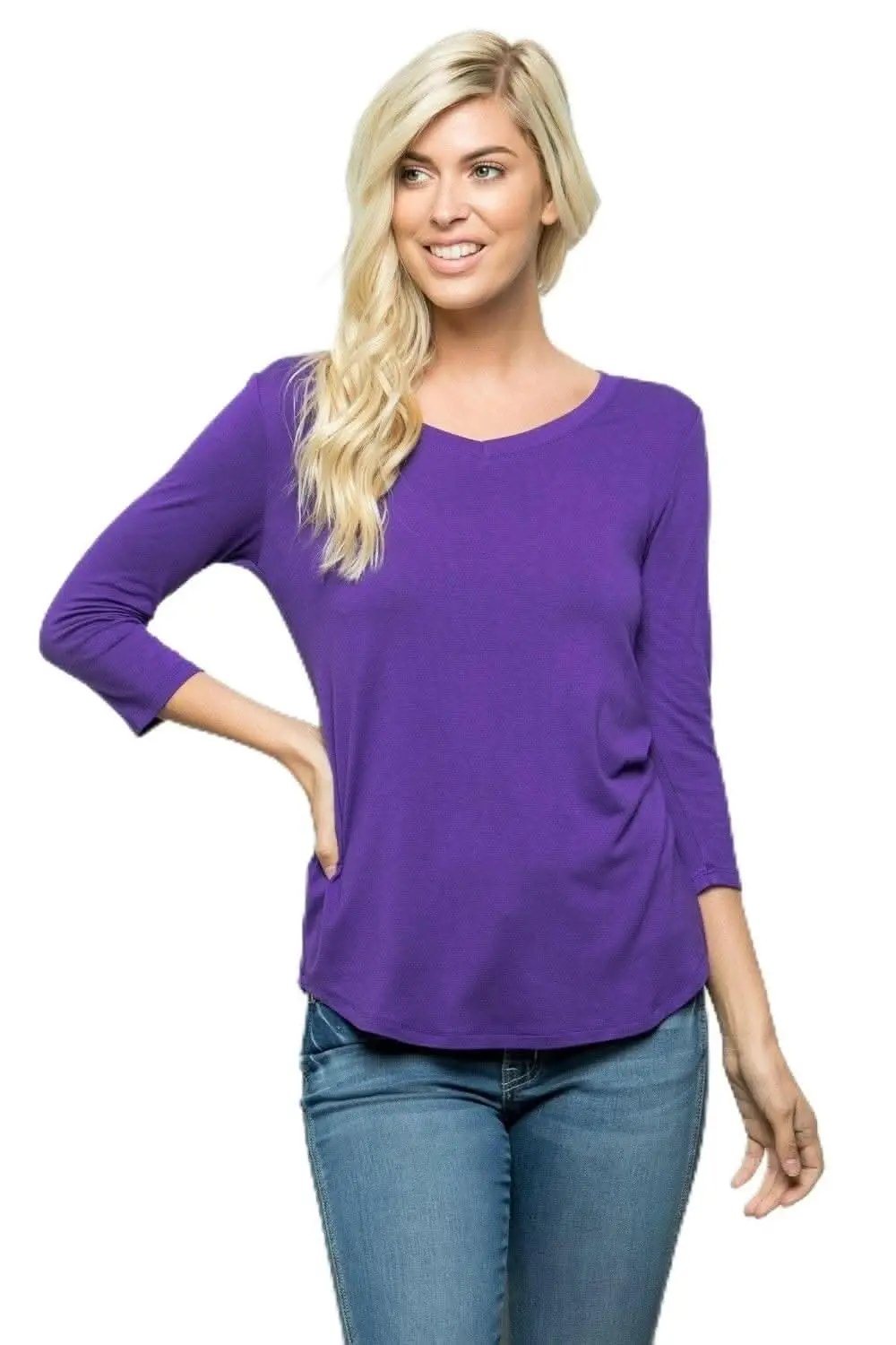 T-Shirts Love Salve Purple V-Neck Tee Women's Casual Top 3/4 Sleeve Soft Comfy T-Shirt