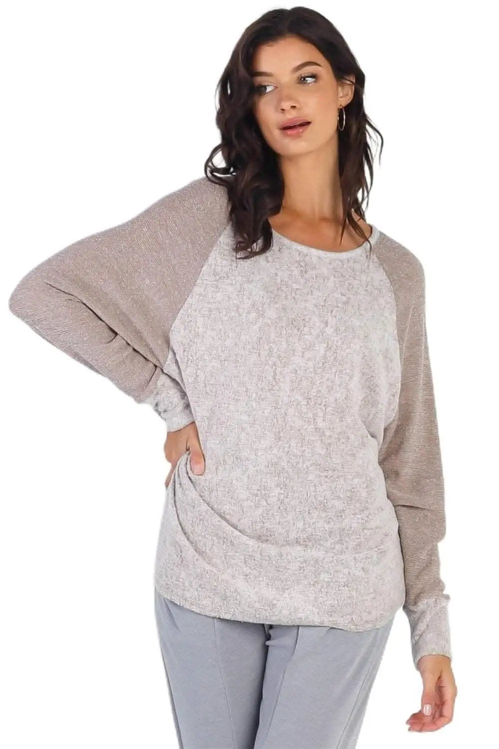 Pants Love Salve Taupe Long Sleeve Women's Top Everyday Essential Soft Knit