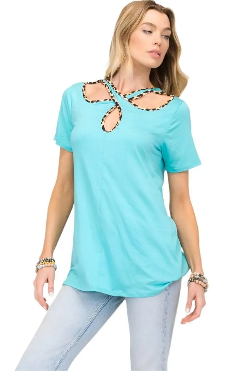 Women's T-Shirt T-Shirt - Crisscross Cutout Leopard Contrast Trim - Mint