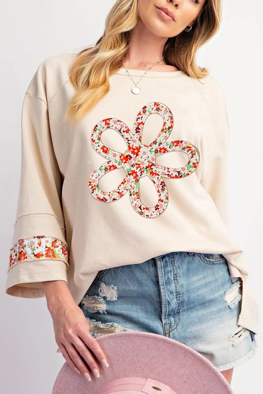 Accessories Love Salve Beige Floral Wide Sleeve Top - Graphic/Graphic