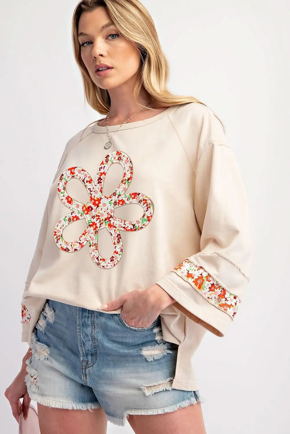 Accessories Love Salve Beige Floral Wide Sleeve Top - Graphic/Graphic
