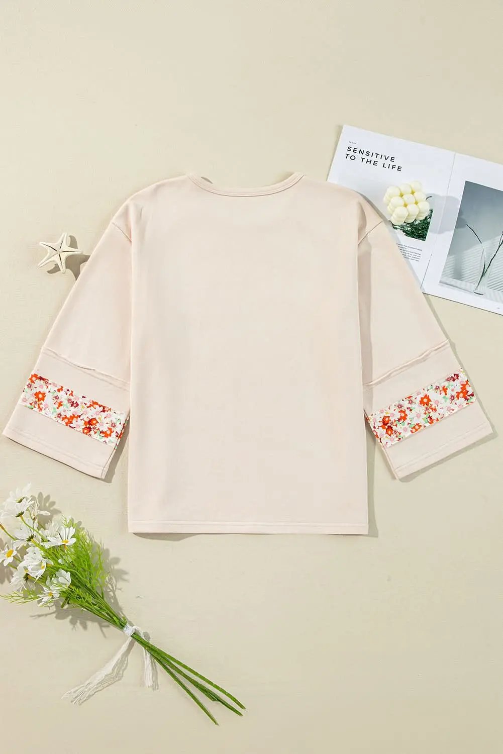 Accessories Love Salve Beige Floral Wide Sleeve Top - Graphic/Graphic