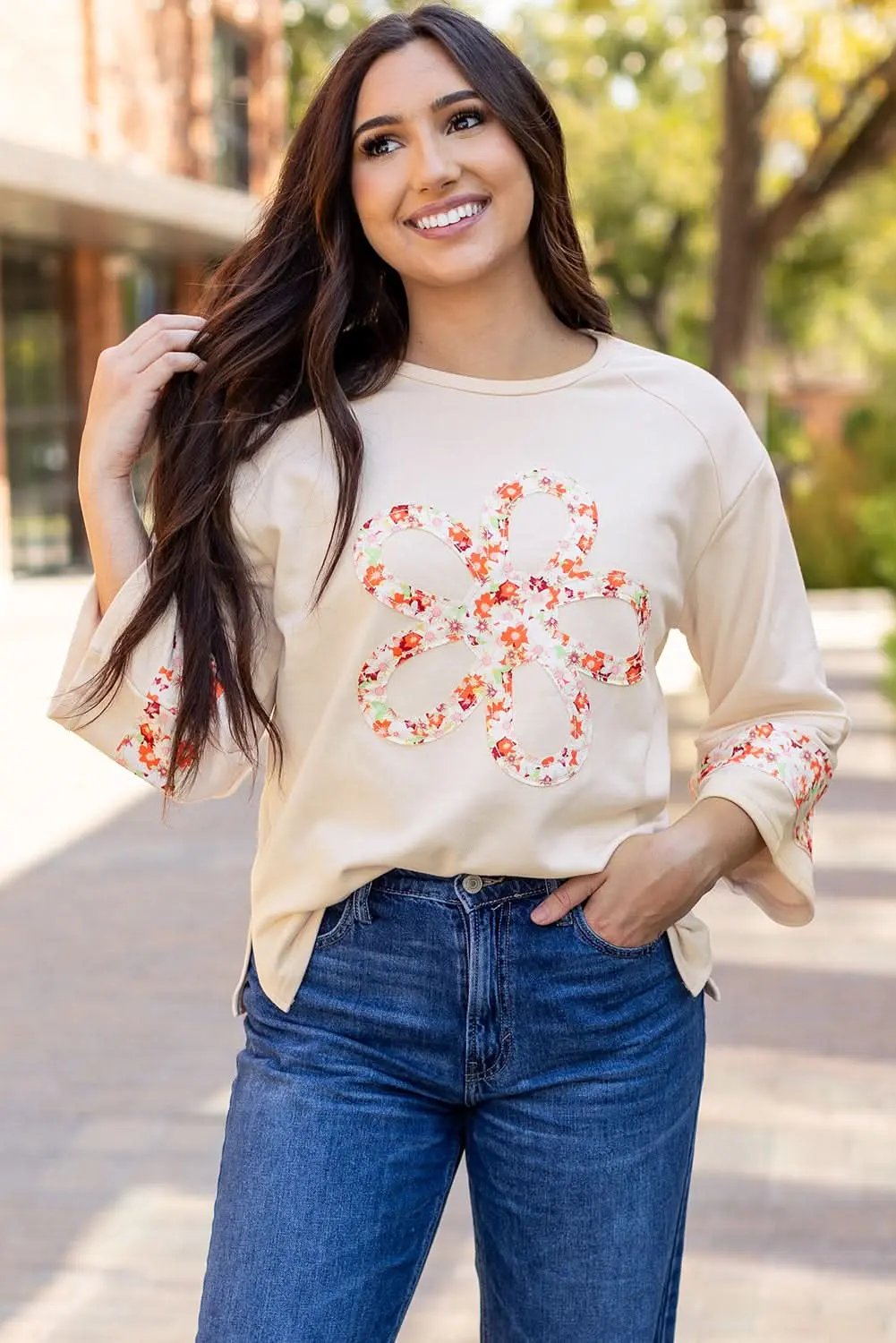 Accessories Love Salve Beige Floral Wide Sleeve Top - Graphic/Graphic