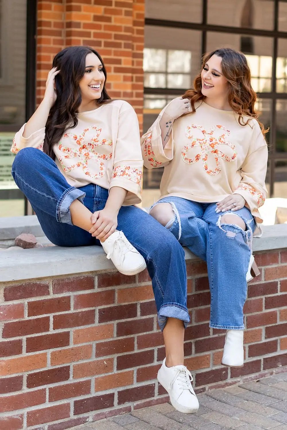 Accessories Love Salve Beige Floral Wide Sleeve Top - Graphic/Graphic