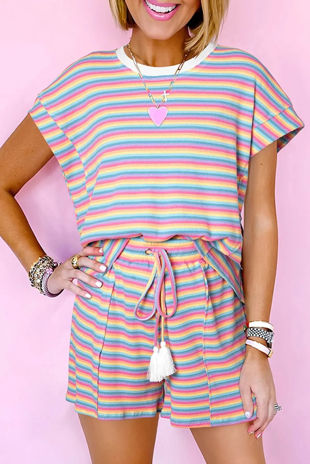 Love Salve Pink Striped Set Women's Daily Wear Outfit Cute Tassel Shorts