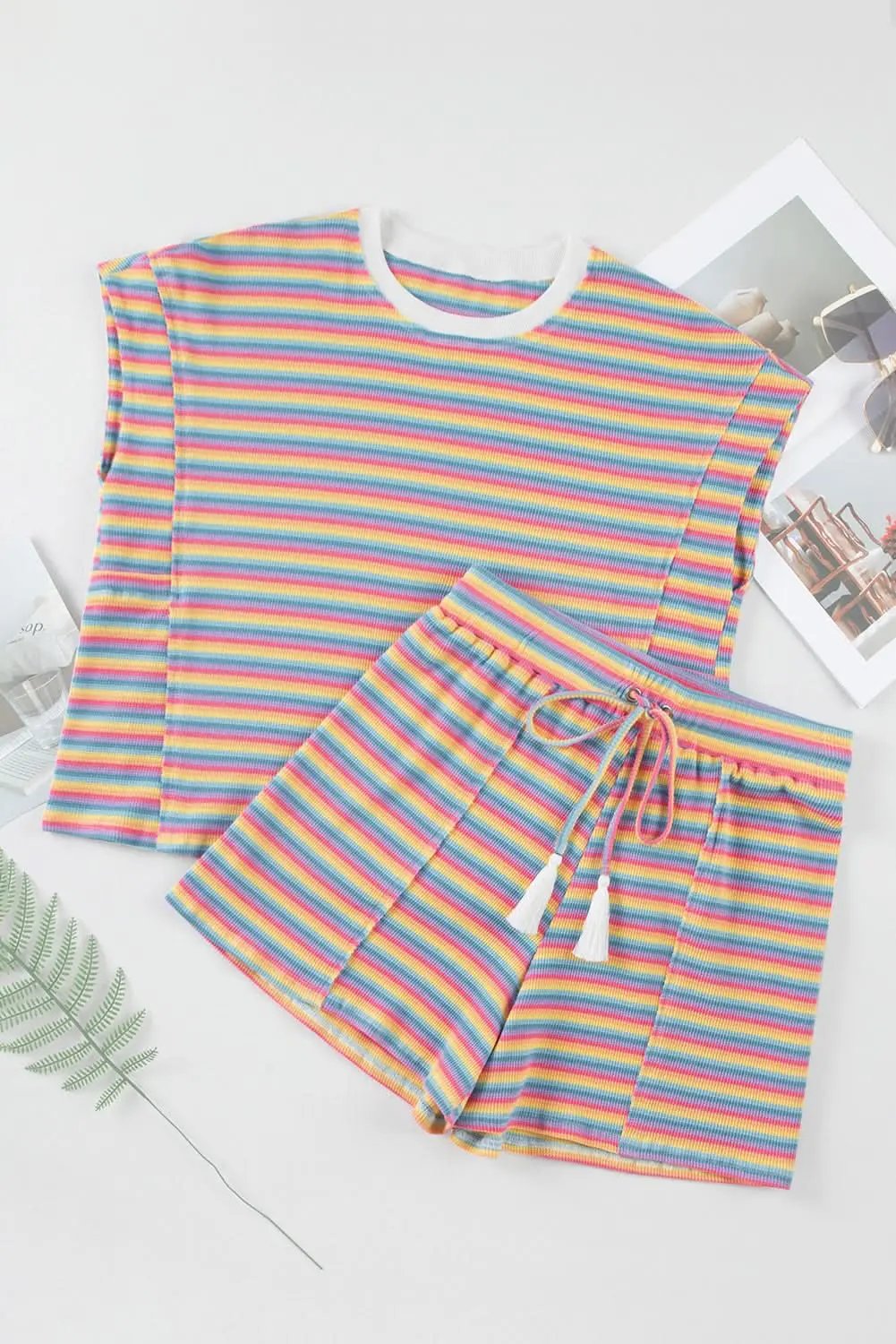 Love Salve Pink Striped Set Women's Daily Wear Outfit Cute Tassel Shorts