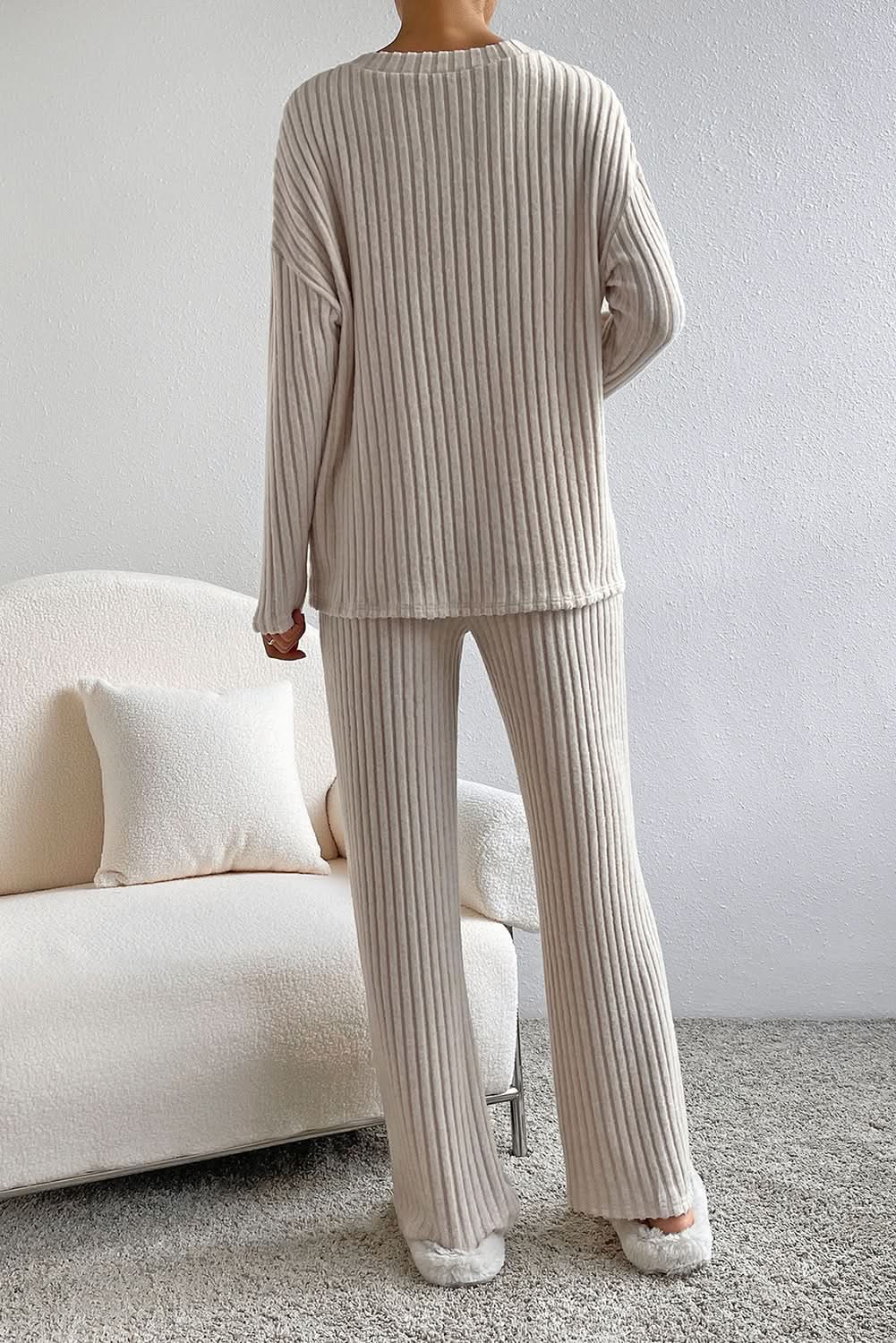 Pants Love Salve Khaki Ribbed Knit Set Women's Loungewear Set Comfy & Casual