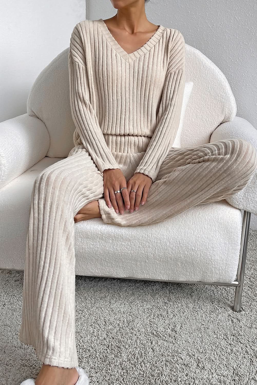 Pants Love Salve Khaki Ribbed Knit Set Women's Loungewear Set Comfy & Casual