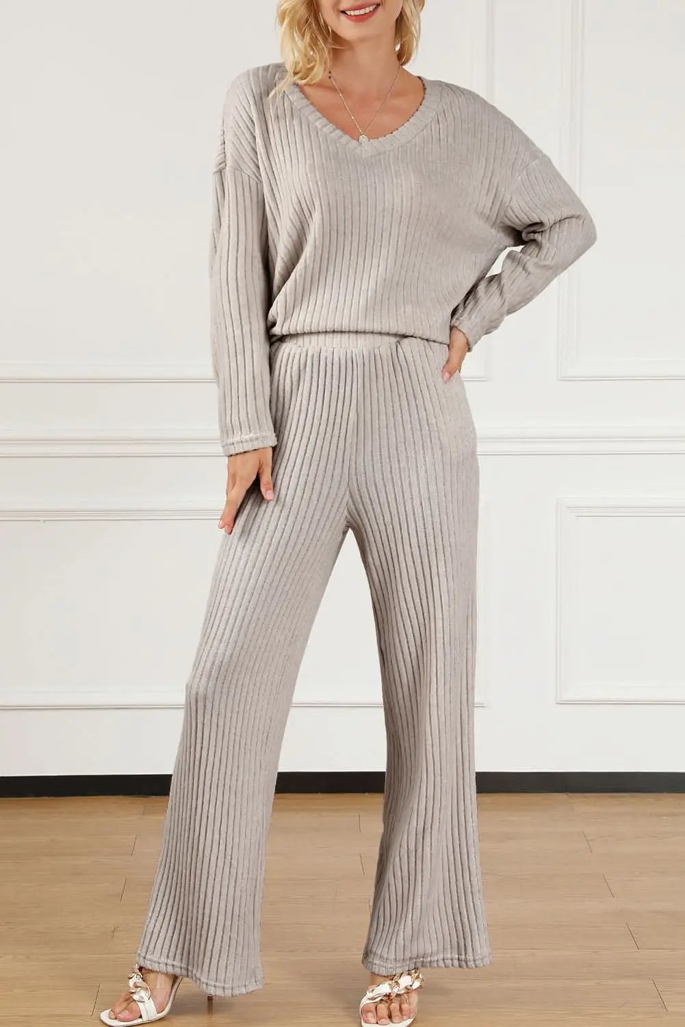 Pants Love Salve Khaki Ribbed Knit Set Women's Loungewear Set Comfy & Casual