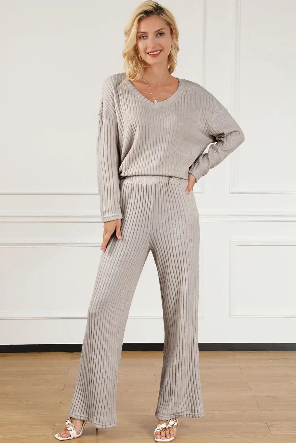 Pants Love Salve Khaki Ribbed Knit Set Women's Loungewear Set Comfy & Casual