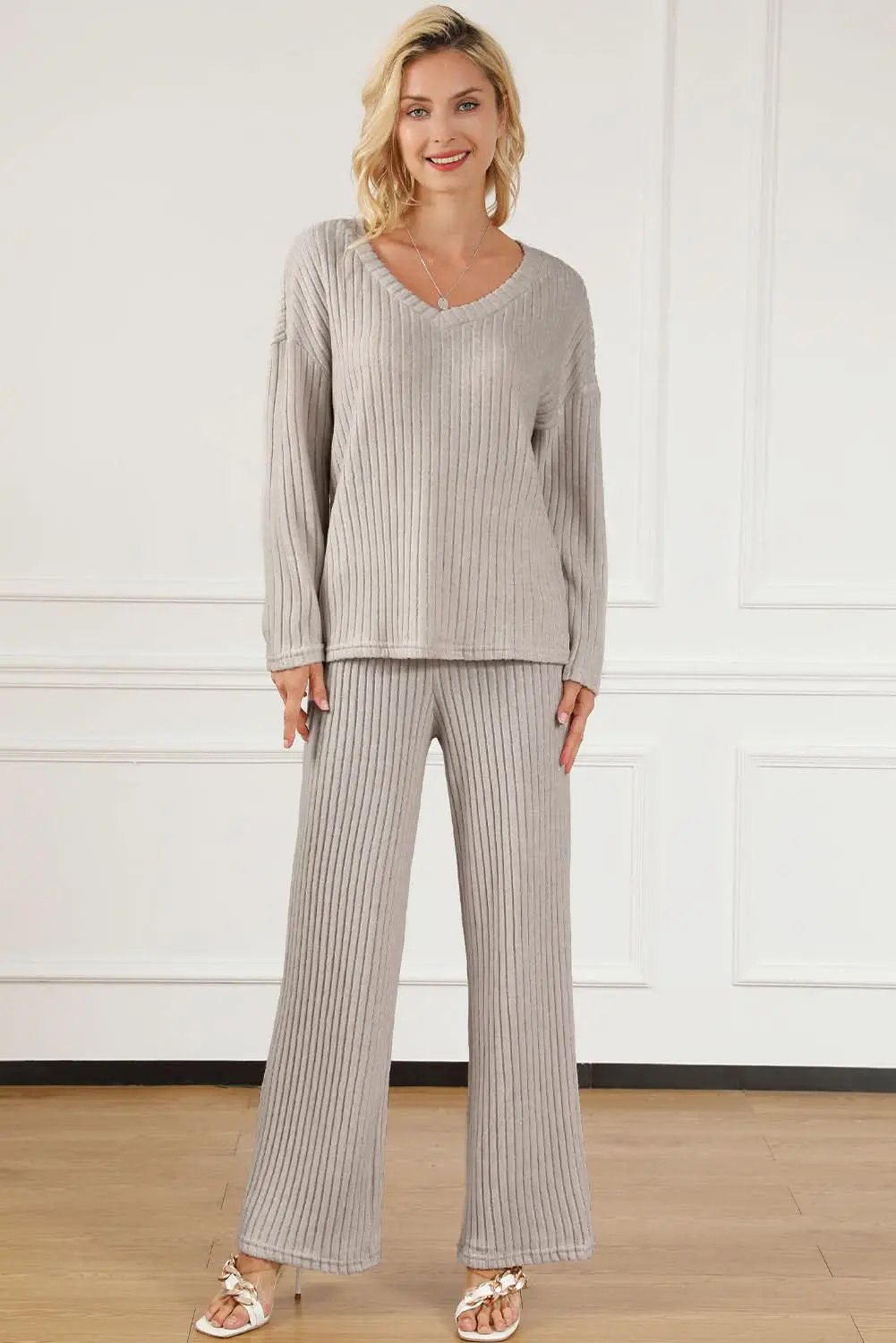 Pants Love Salve Khaki Ribbed Knit Set Women's Loungewear Set Comfy & Casual