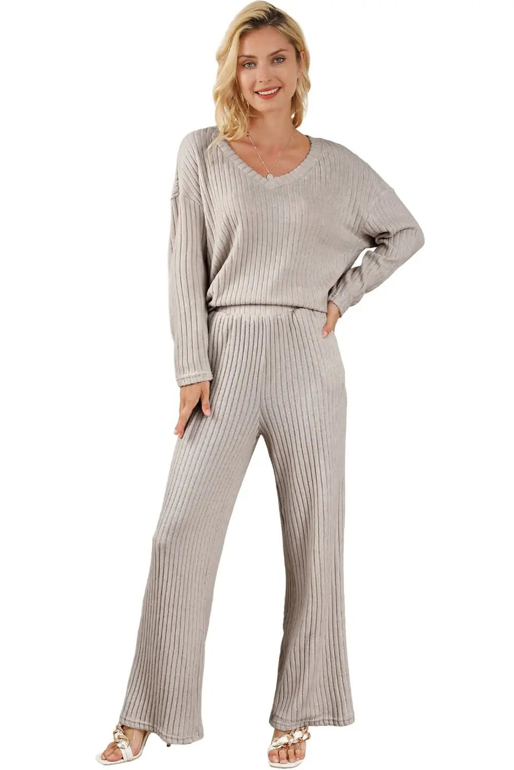 Pants Love Salve Khaki Ribbed Knit Set Women's Loungewear Set Comfy & Casual