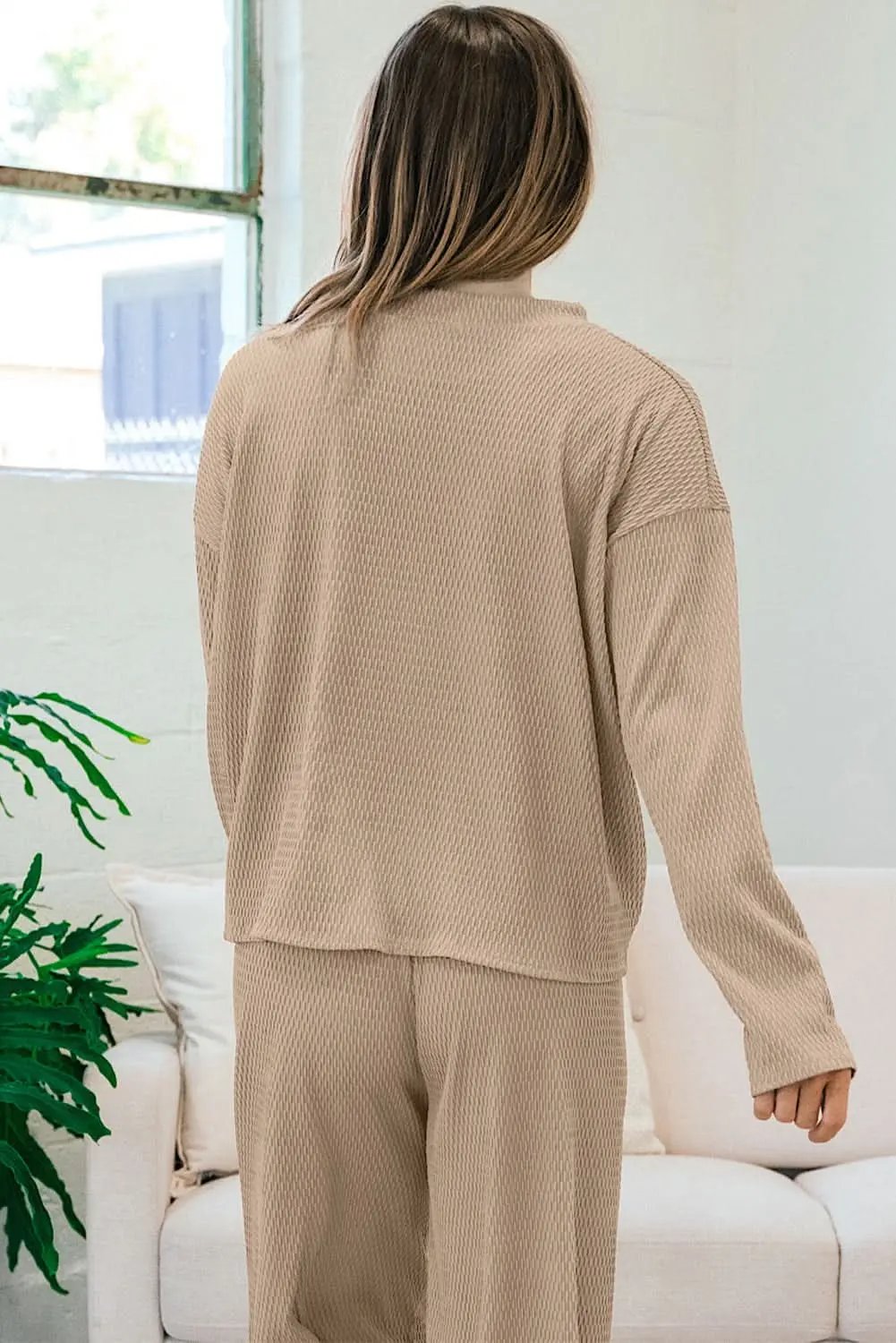 Love Salve Smoke Gray Loose Textured Pullover and Pants Outfi