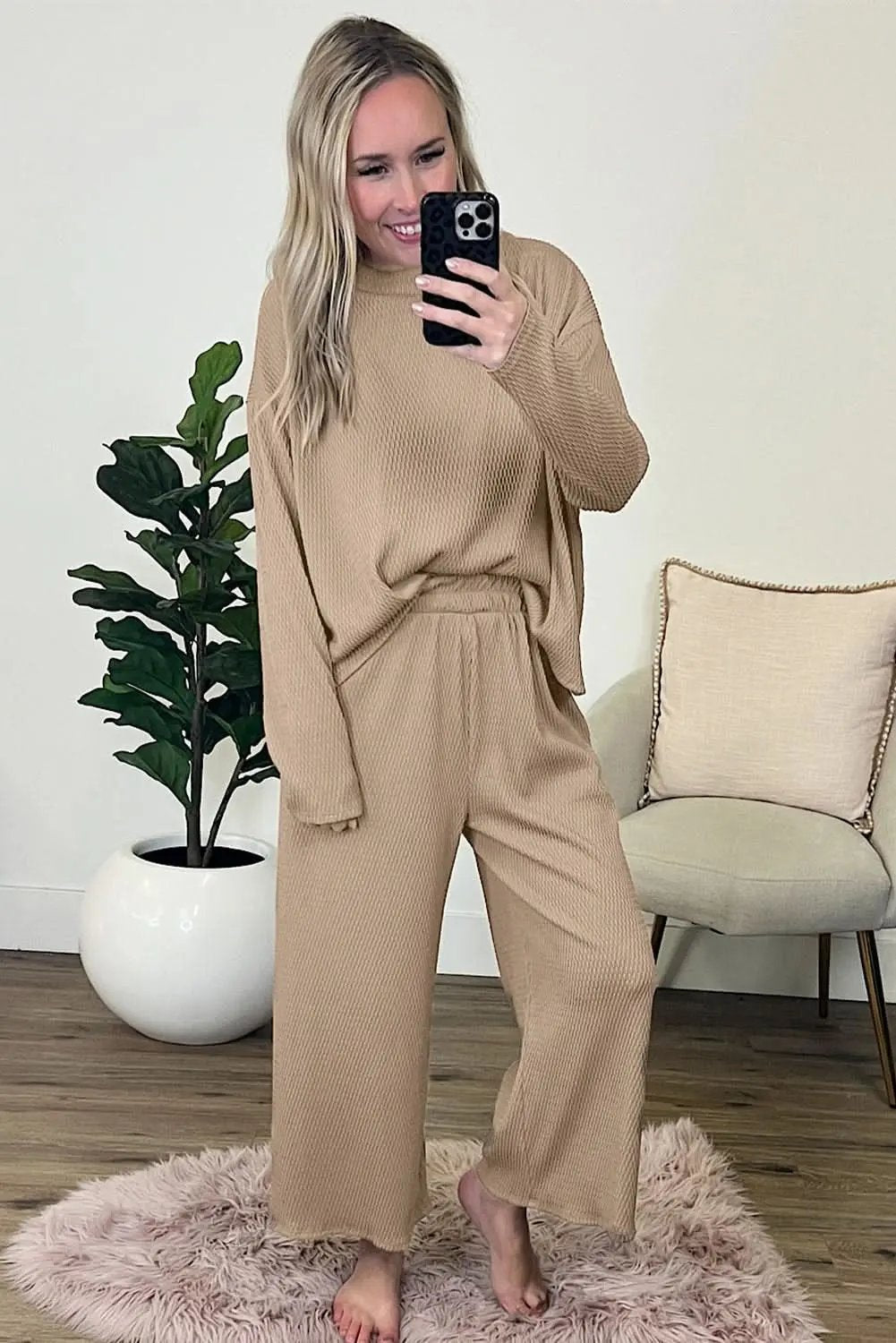 Love Salve Smoke Gray Loose Textured Pullover and Pants Outfi