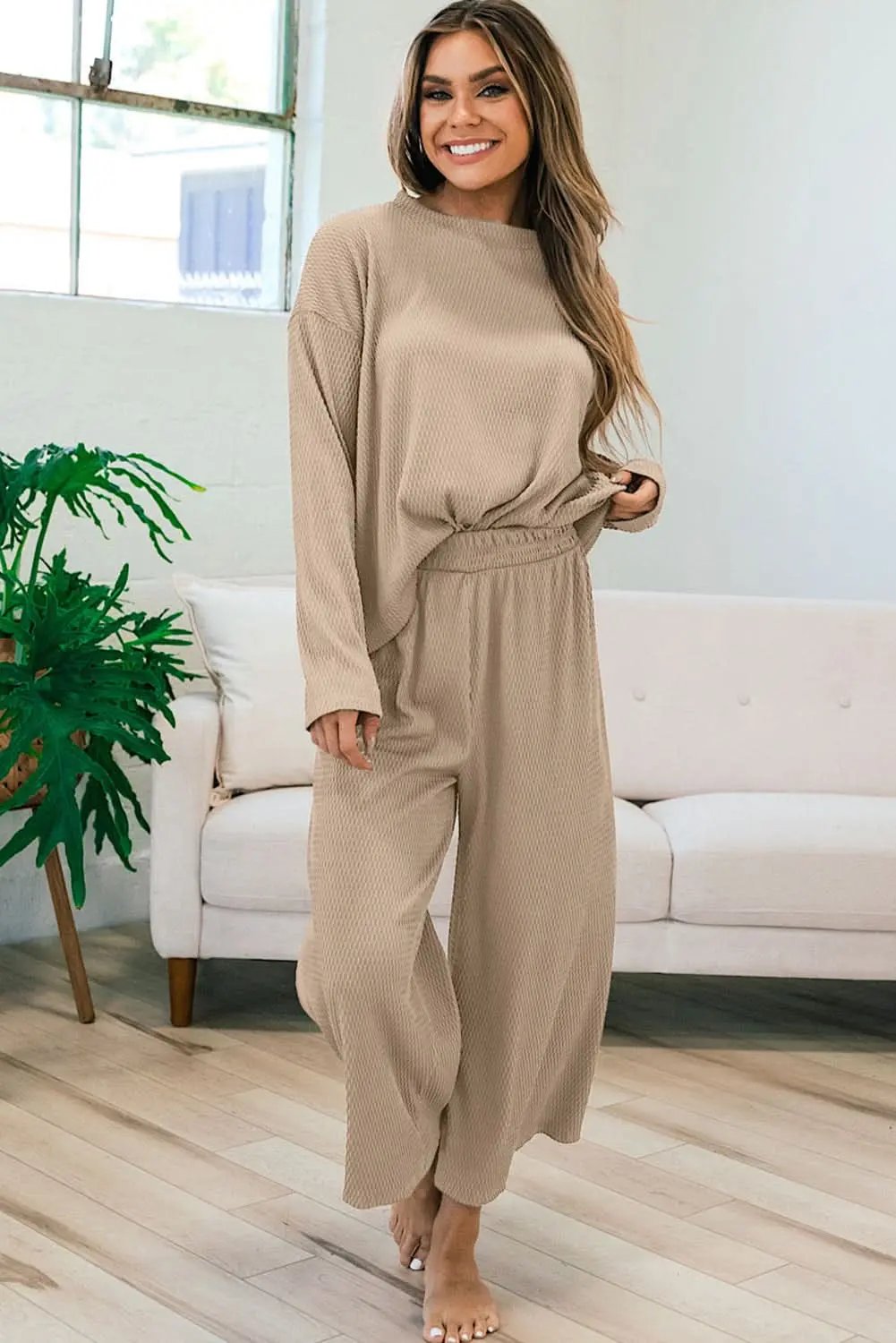 Love Salve Smoke Gray Loose Textured Pullover and Pants Outfi