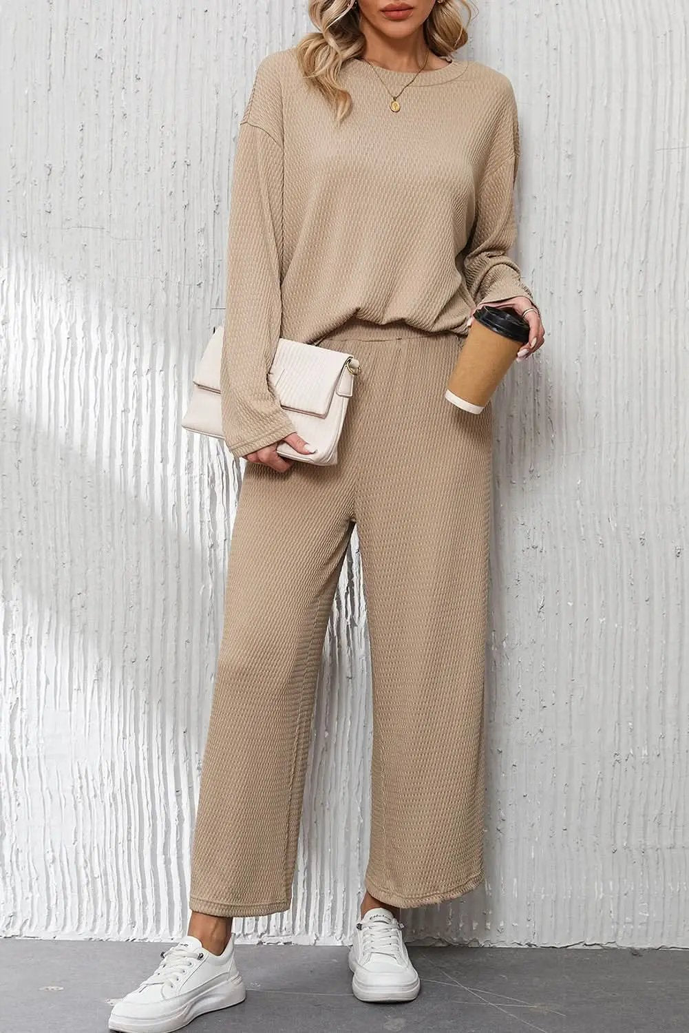 Love Salve Smoke Gray Loose Textured Pullover and Pants Outfi