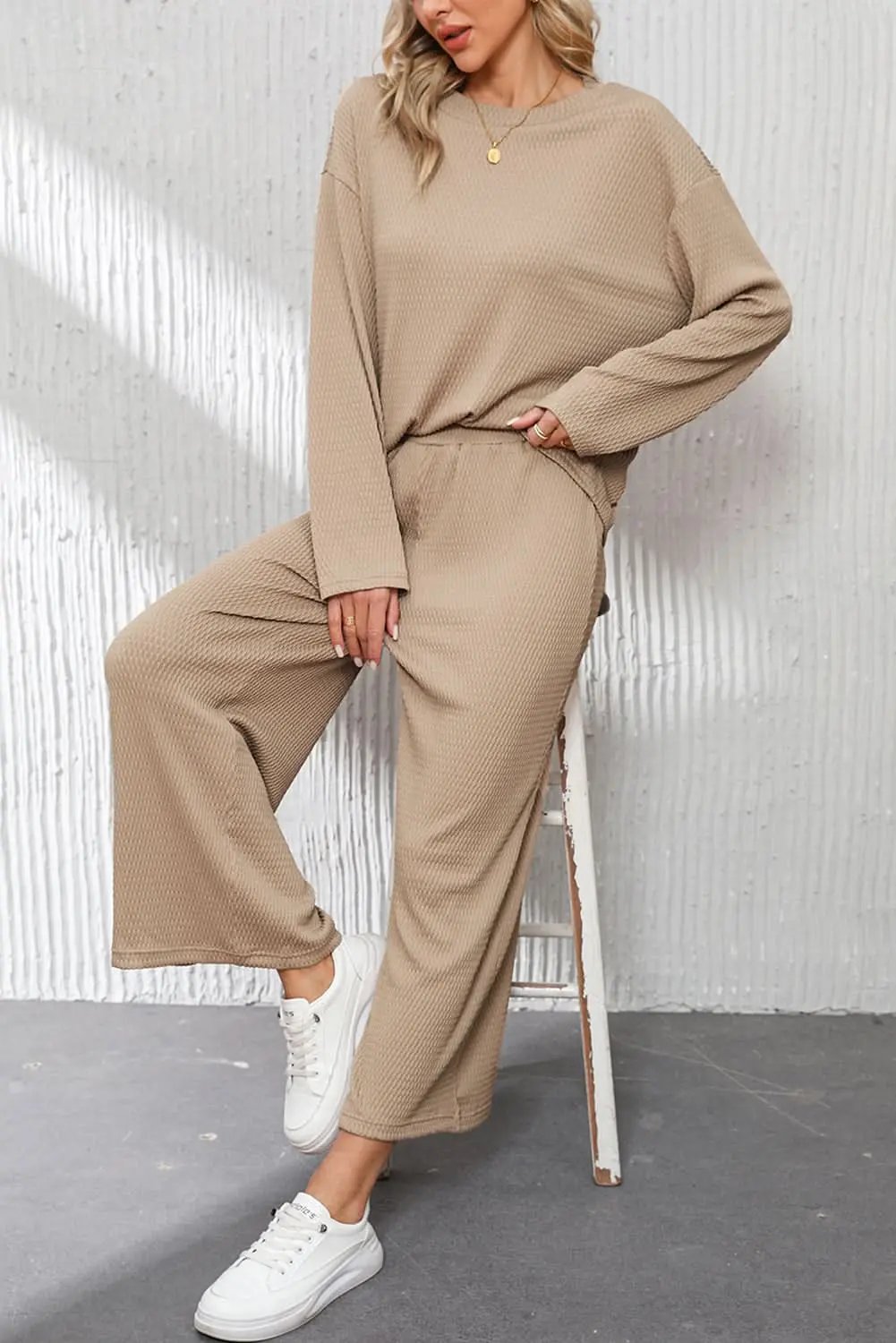 Love Salve Smoke Gray Loose Textured Pullover and Pants Outfi