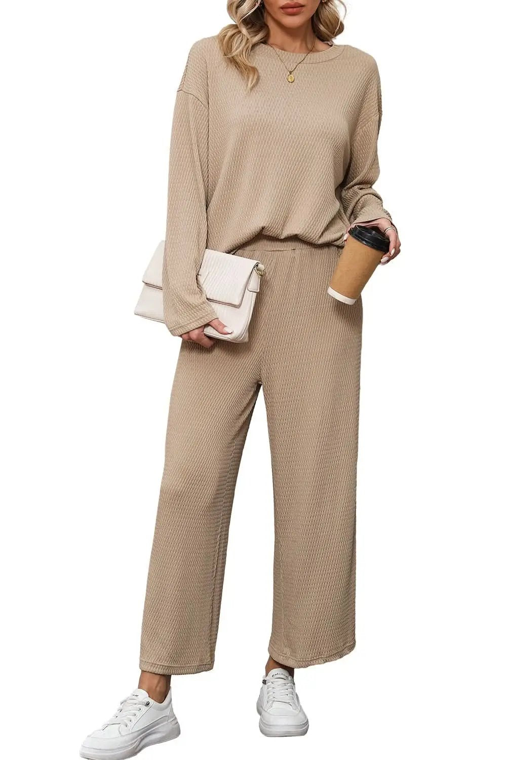 Love Salve Smoke Gray Loose Textured Pullover and Pants Outfi