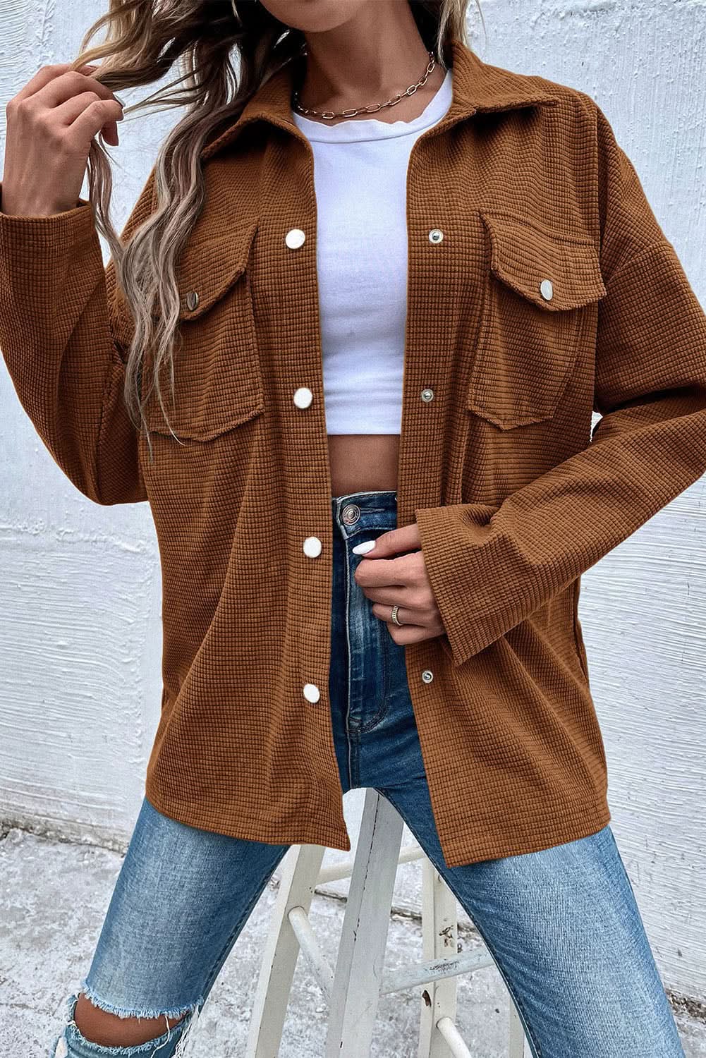 Shorts Love Salve Brown textured shacket with pockets