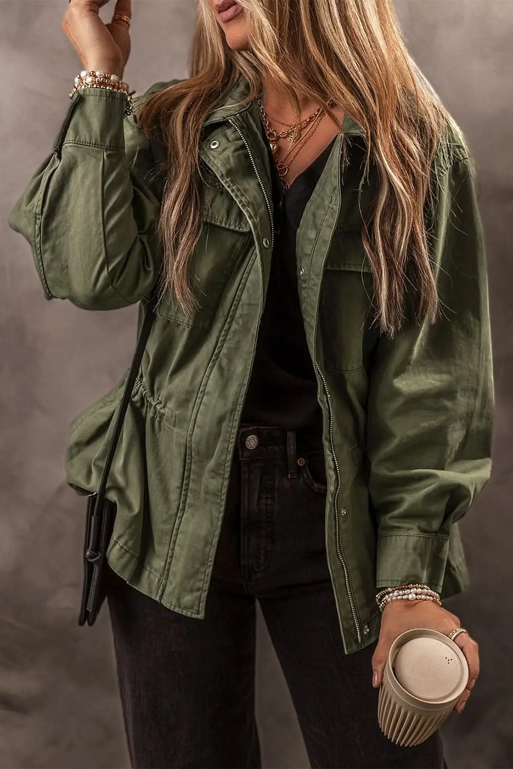 Jackets Love Salve Moss green collared jacket for women
