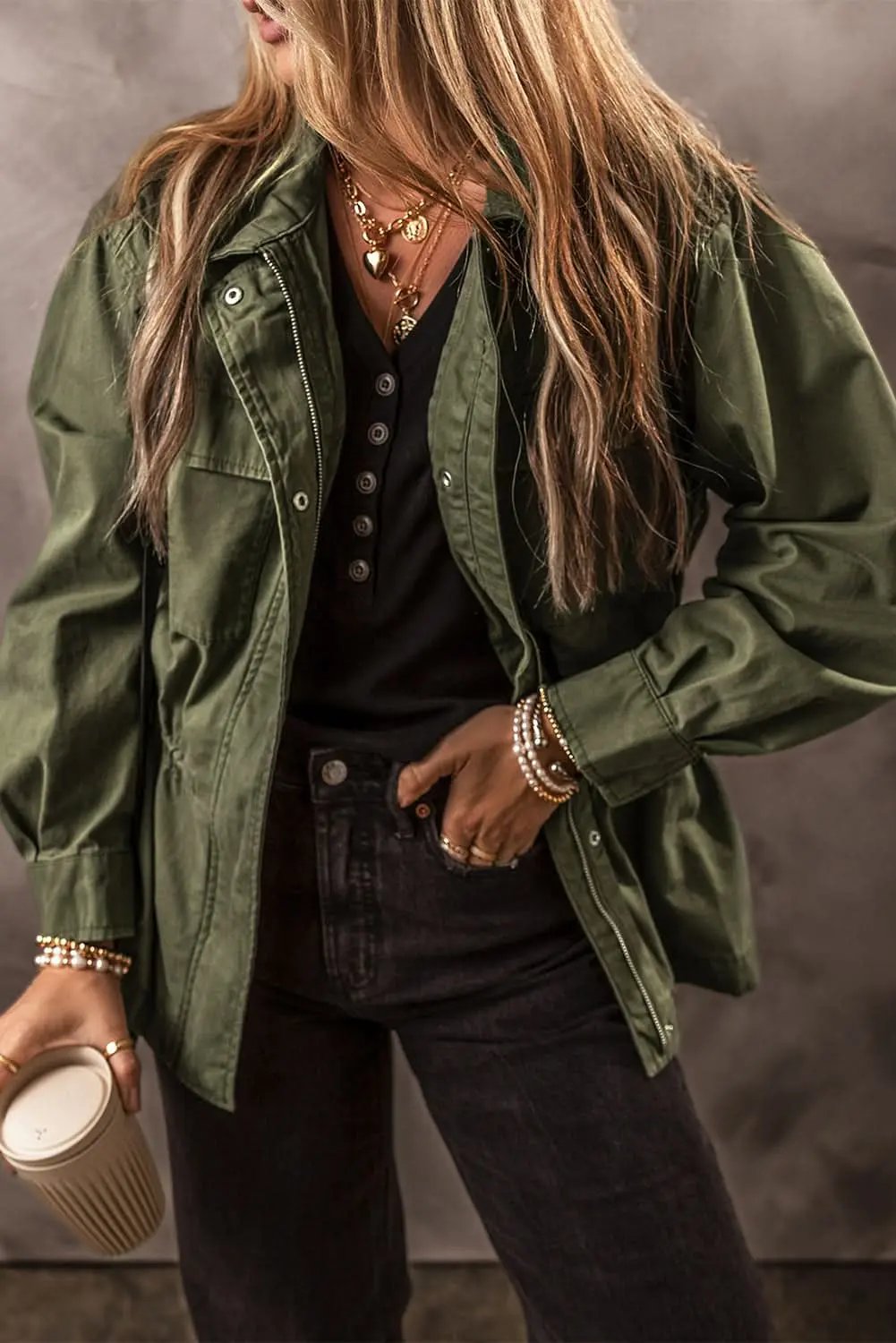 Jackets Love Salve Moss green collared jacket for women
