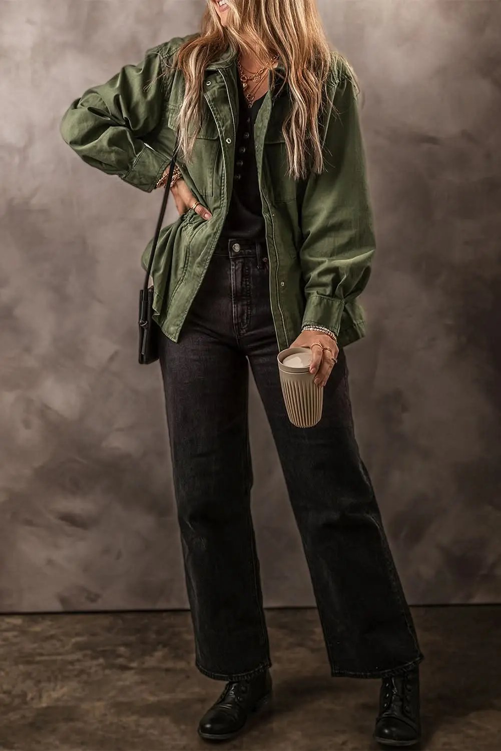 Jackets Love Salve Moss green collared jacket for women
