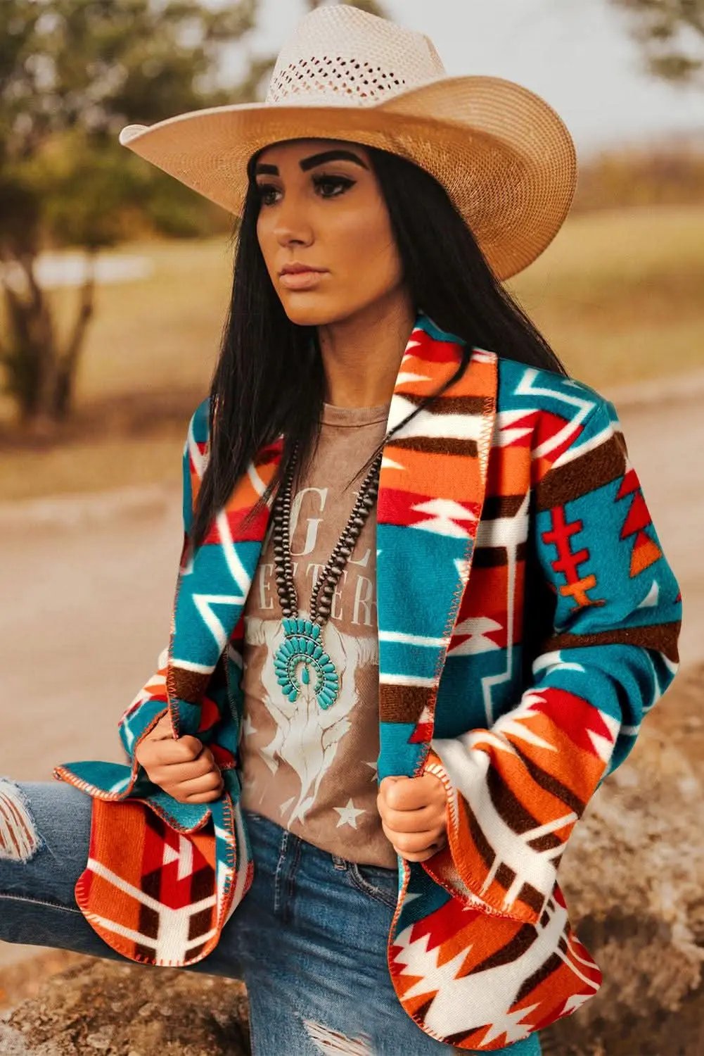 Jackets Love Salve Sky blue aztec bell sleeve jacket