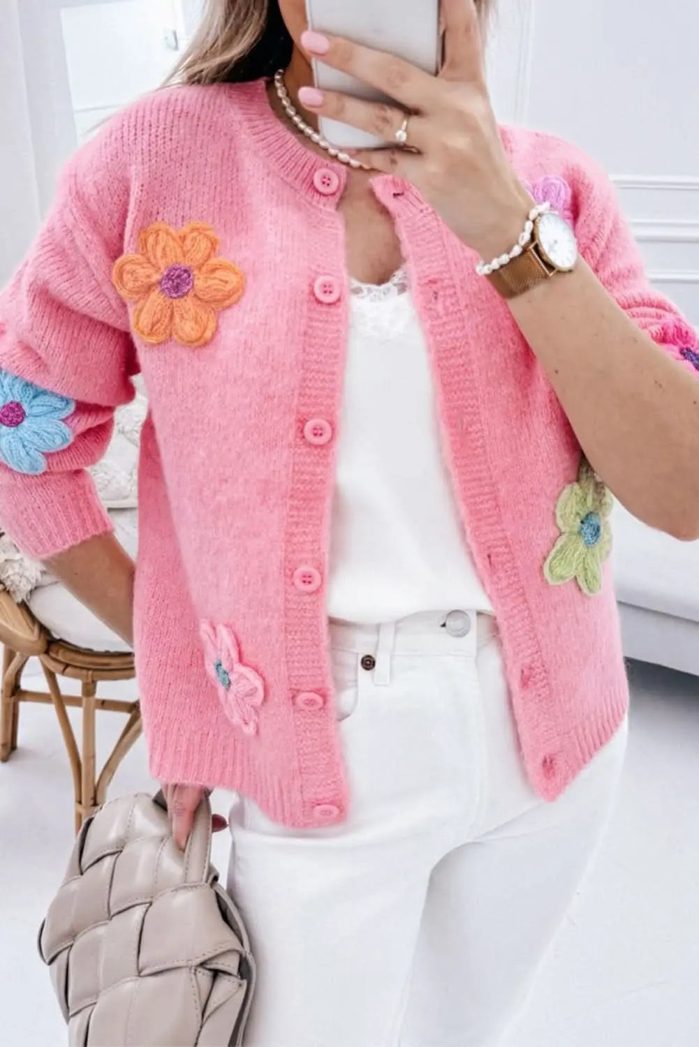 Sweaters Love Salve Chic pink floral button cardigan