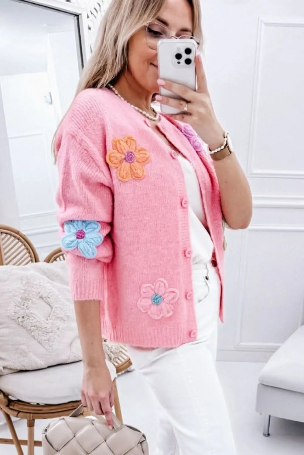 Sweaters Love Salve Chic pink floral button cardigan
