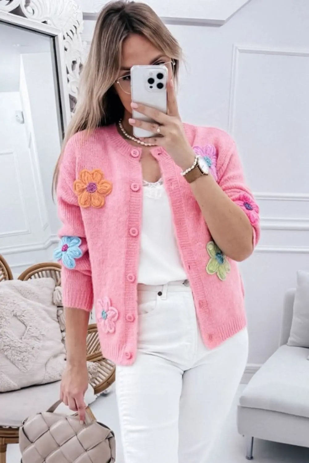 Sweaters Love Salve Chic pink floral button cardigan