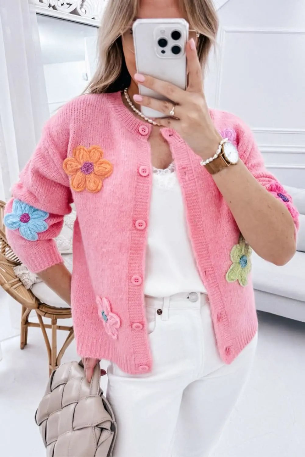 Sweaters Love Salve Chic pink floral button cardigan