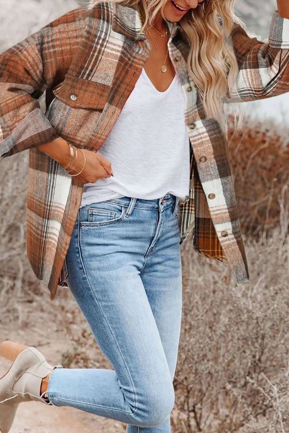Accessories Love Salve Brown Plaid Flap Pockets Shacket