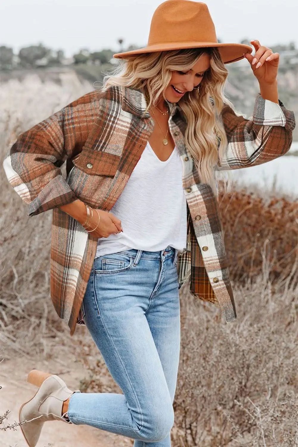 Accessories Love Salve Brown Plaid Flap Pockets Shacket