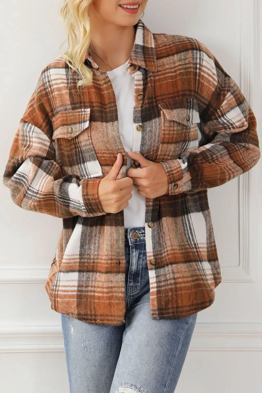 Accessories Love Salve Brown Plaid Flap Pockets Shacket